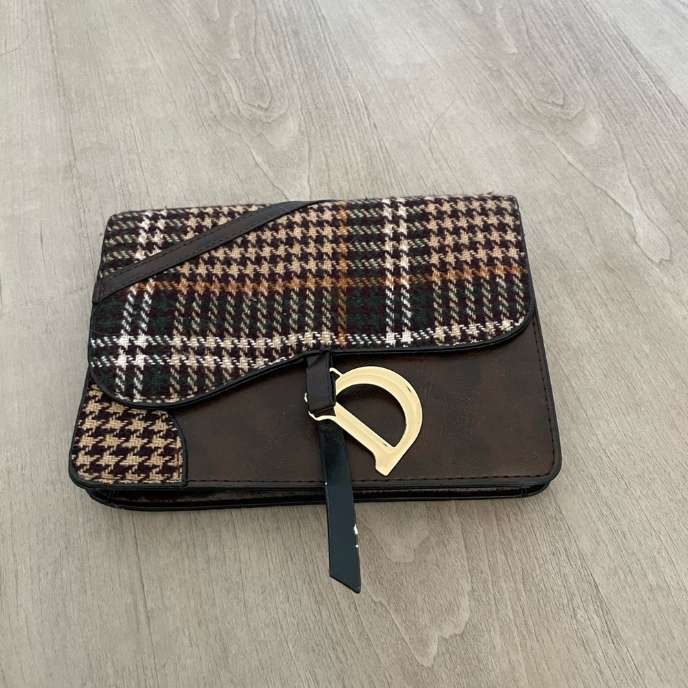 Brown Plaid Clutch with Metal D